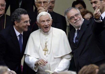 Pope Benedict and, right, Andrea Riccardi, an Italian government minister, pictured during the visit (Photo: AP)