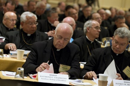 US bishops look over documents at a meeting in Baltimore (Photo: CNS)