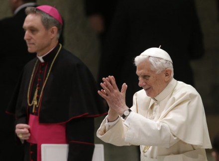 Pope Benedict XVI was given rapturous applause in his first public appearance since his abdication announcement on Monday (Photo: PA)